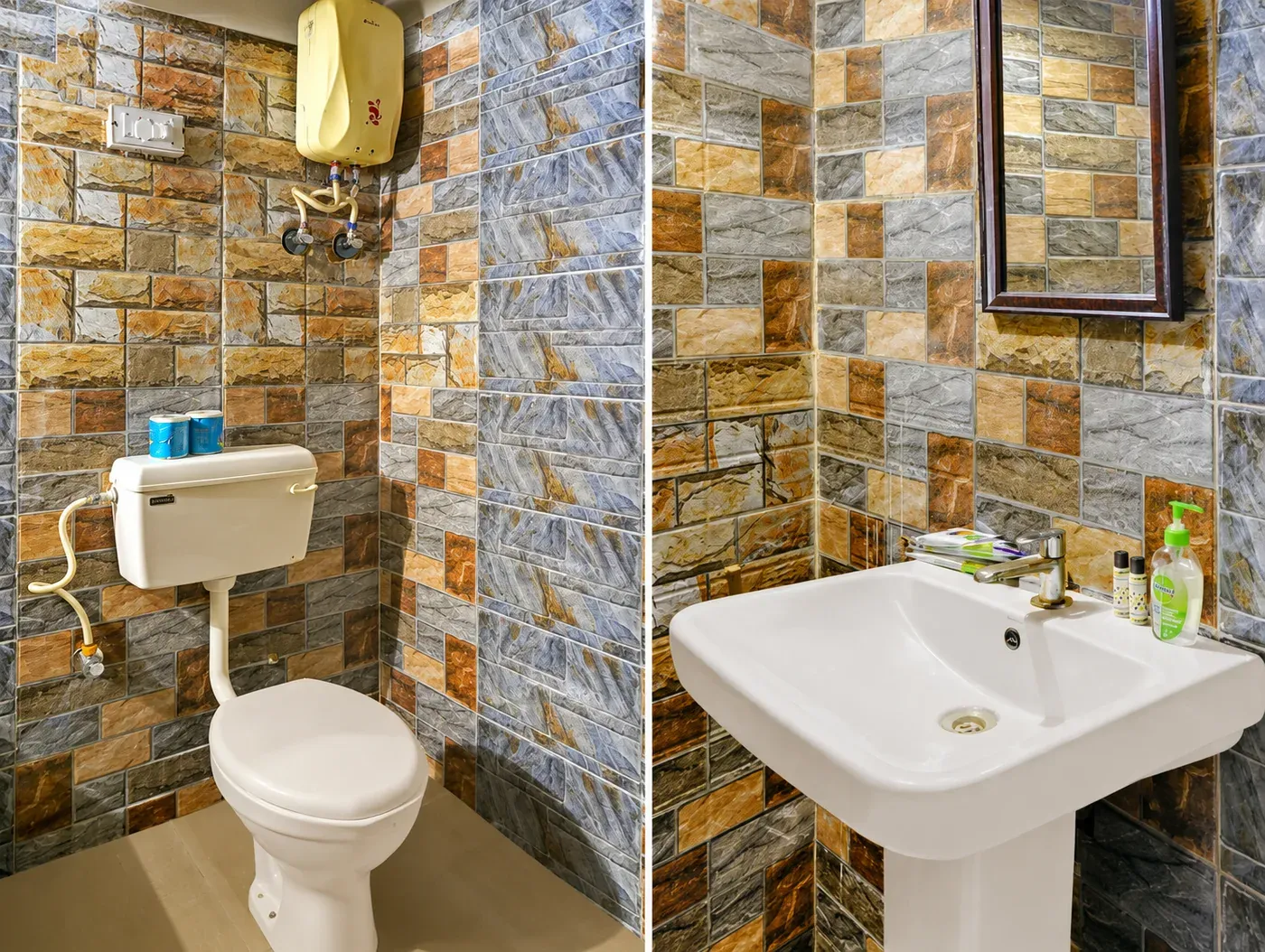 Ensuite tiled bathroom inside Mud Cottage with washbasin, mirror and toilet